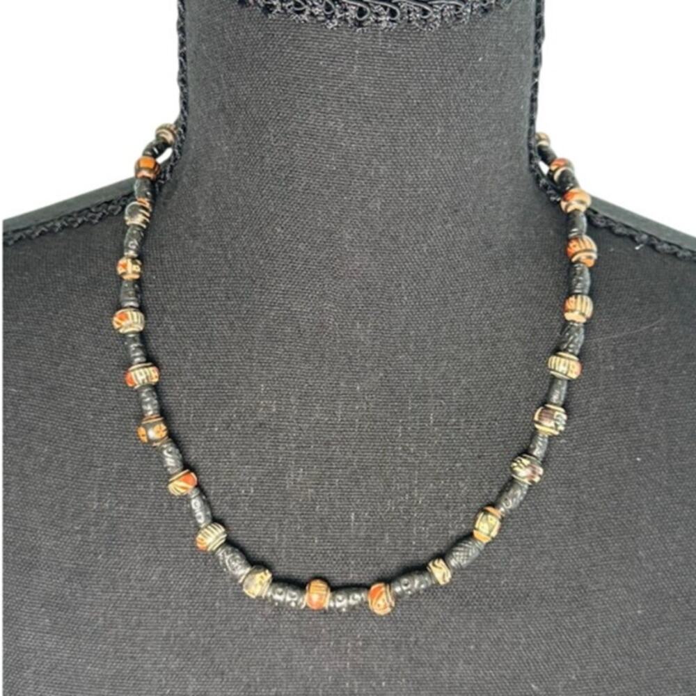 Vintage African Trade Bead Necklace Black Etched Tribal Glass Pattern Boho